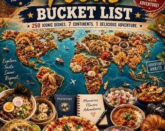 Lista dei cibi da provare assolutamente nel mondo / Lista di controllo della sfida dei 250 cibi globali (download PDF)