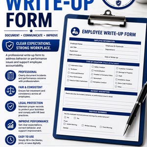 May include: A blue clipboard holding an Employee Write-Up Form with sections for employee information, type of violation, incident description, and previous warnings, accompanied by a black pen on a white background with text and icons.
