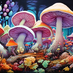 Op de afbeelding: Een levendige en kleurrijke illustratie van een bos vol met verschillende soorten paddenstoelen. De paddenstoelen zijn in tinten paars, oranje, geel en blauw, met ingewikkelde details en texturen. De achtergrond is donkerblauw met hints van groen en paars.