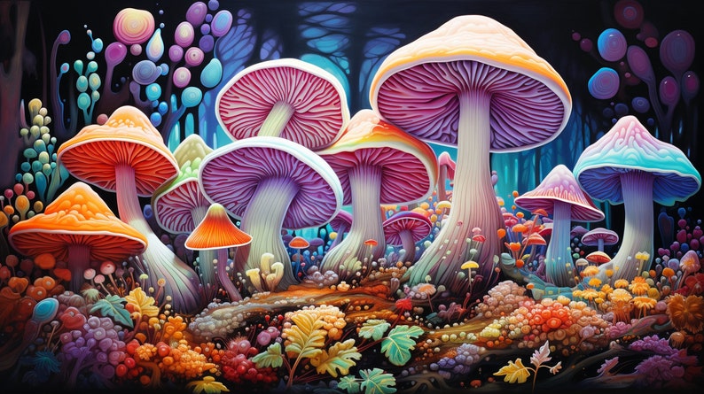Op de afbeelding: Een levendige en kleurrijke illustratie van een bos vol met verschillende soorten paddenstoelen. De paddenstoelen zijn in tinten paars, oranje, geel en blauw, met ingewikkelde details en texturen. De achtergrond is donkerblauw met hints van groen en paars.