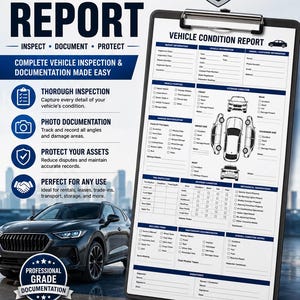May include: A vehicle condition report form on a clipboard, featuring sections for inspection, vehicle information, damage identification, and tire status. The document includes checkboxes, diagrams of a car, and fields for signatures in US letter size.