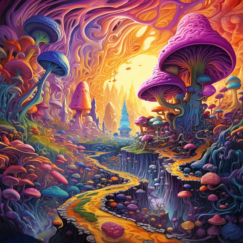 Op de afbeelding: Een psychedelisch landschap met een kronkelend pad door een veld met kleurrijke paddenstoelen. De paddenstoelen zijn in verschillende vormen en maten aanwezig, sommige hebben een levendige paarse kleur. De achtergrond toont een grotachtige structuur met een heldere oranje gloed.