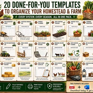 May include: A digital collection of 20 printable templates titled 20 Done-For-You Templates to Organize Your Homestead & Farm. The set includes trackers for chicken eggs, feed, livestock, gardens, seeds, harvest, canning, tractors, fences, expenses, and chores.