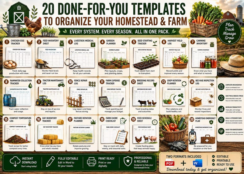 May include: A digital collection of 20 printable templates titled 20 Done-For-You Templates to Organize Your Homestead & Farm. The set includes trackers for chicken eggs, feed, livestock, gardens, seeds, harvest, canning, tractors, fences, expenses, and chores.