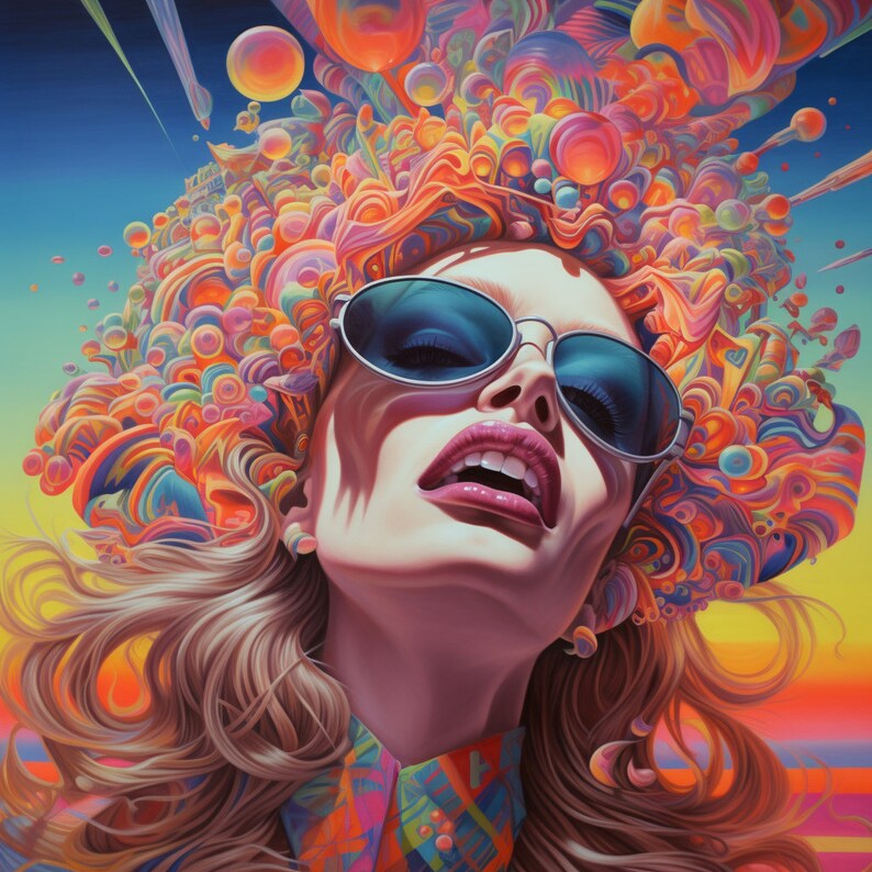 Op de afbeelding: Een vrouw met lang blond haar draagt een blauwe zonnebril en een kleurrijk, gepatroneerd shirt. Haar haar is gestyled met een groot, abstract, kleurrijk ontwerp dat lijkt op een kroon.