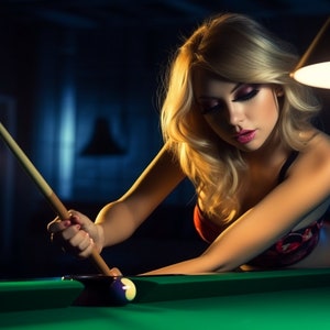 May include: A woman in a red and black lingerie set is playing pool. She is holding a pool cue and aiming at a solid blue ball on a green felt pool table. The table is lit by two lamps.