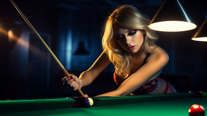 May include: A woman in a red and black lingerie set is playing pool. She is holding a pool cue and aiming at a solid blue ball on a green felt pool table. The table is lit by two lamps.