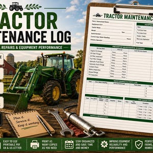 May include: A tractor maintenance log printed on a clipboard, featuring sections for equipment information, maintenance schedules, activity logs, fuel usage, and tire inspections. The document includes a green tractor graphic and text.