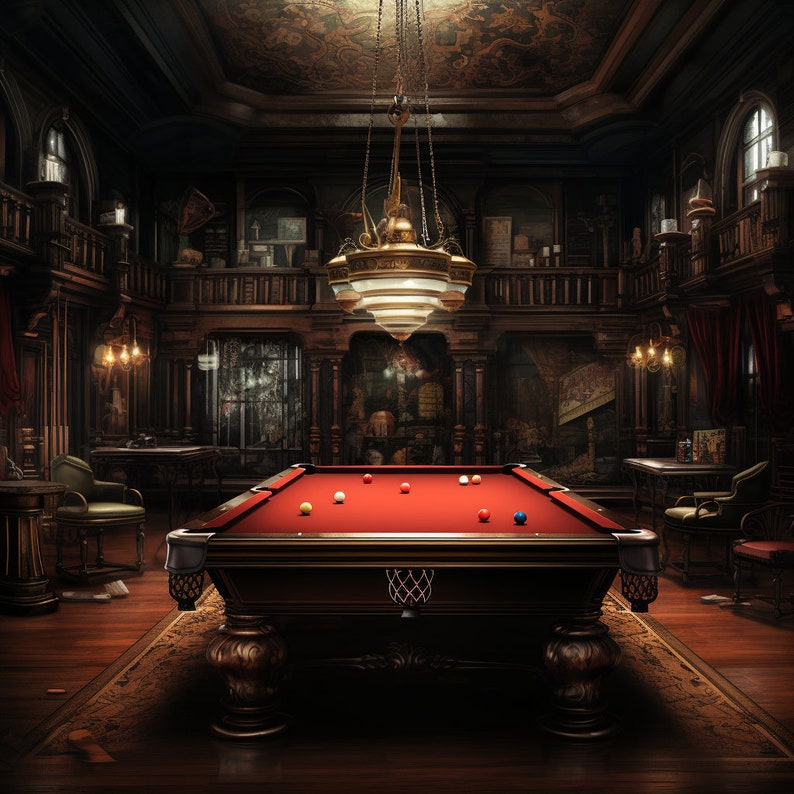 May include: A dark wood pool table with a red felt surface and a basketball hoop on the side. The table is in a dimly lit room with a chandelier hanging above it.