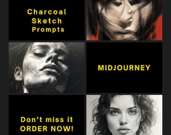 May include: A collage of four images featuring charcoal sketches of women's faces. The top left image has the text "Charcoal Sketch Prompts". The top right image has the text "MIDJOURNEY". The bottom left image has the text "Don't miss it ORDER NOW!".