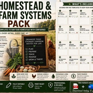 May include: A digital Homestead and Farm Systems Pack featuring 20 printable templates for farm management. The image displays a list of trackers including chicken egg, livestock medical, garden, and harvest logs, alongside a chalkboard sign.