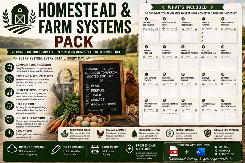 May include: A digital Homestead and Farm Systems Pack featuring 20 printable templates for farm management. The image displays a list of trackers including chicken egg, livestock medical, garden, and harvest logs, alongside a chalkboard sign.