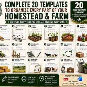 May include: A digital collection of 20 printable templates for farm and homestead management, featuring trackers for chicken eggs, livestock, gardens, and finances. The layout includes numbered sections with icons, text labels, and sample images.