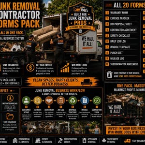 May include: A digital pack of 20 junk removal contractor forms including a warranty form, expense tracker, bid proposal, contractor agreement, safety checklist, job log, invoice, punch list, mileage log, and subcontractor agreement in PDF and DOCX.