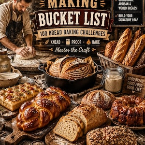 Peut inclure: Un livre intitulé Bread Making Bucket List proposant 100 défis de boulangerie, pains au levain, artisanaux et du monde. La couverture montre divers pains cuits, une tresse, une cocotte et une personne pétrissant de la pâte sur une table.