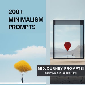May include: A digital illustration of a red balloon floating in a black frame, with a person standing in the distance. The text "MIDJOURNEY PROMPTS! DON'T MISS IT! ORDER NOW!" is displayed below the frame.