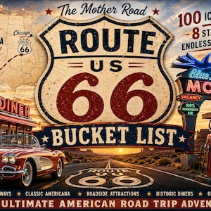 May include: A Route 66 bucket list poster featuring a red vintage convertible, a map from Chicago to Santa Monica, the Blue Swallow Motel sign, a gas pump, and a diner. Text includes The Mother Road, 100 Iconic Stops, 8 States, and Endless Memories.