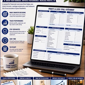 May include: A digital Profit & Loss statement template displayed on a laptop screen, featuring sections for revenue, expenses, and net profit. The layout includes business information, cost of goods sold, operating expenses, and key performance metrics.