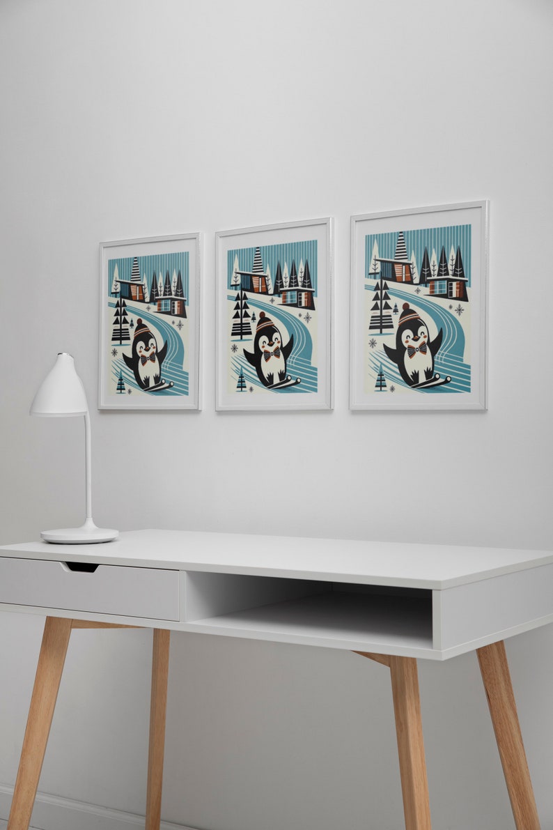 Mid Century Penguin Skiing Art Print: Retro Winter Holiday Decor ...