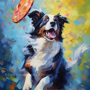 Border Collie Wall Art, Dog Artwork, Dog Frisbee Wall Art, Funky Wall Art, Whimsical Animal Art, Happy Dog Lover Print, Colorful Dog Print