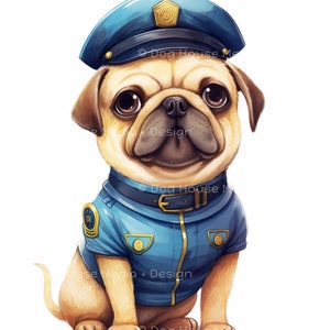 May include: A cartoon pug dog wearing a blue police officer uniform with a gold badge. The dog is sitting with its paws crossed and has a serious expression on its face.