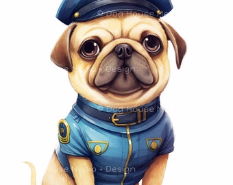 Pug Wall Decor, Police Officer Art, Cool Dog Print, Pug Dog