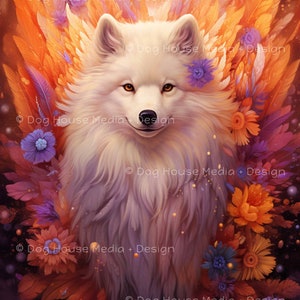 Samoyed Wall Decor, Fantasy Art Print, Cool Dog Art Print, Rebirth Mood Decor Funny Dog Lover Art Decor, Floral Orange and Purple Wall Art