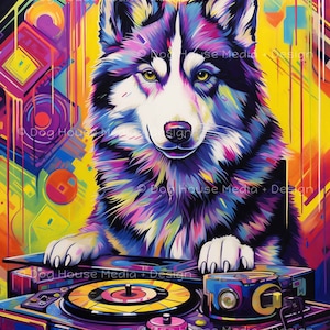 Husky de Sibérie Wall Art, Hippie Dog Print, Art mural des années 1960, Art mural funky, Art animalier lunatique, Happy Dog Lover Print, Dog Artwork