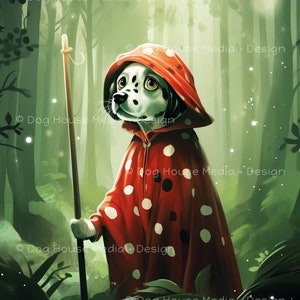 Decoración de pared dálmata, arte inspirado en la naturaleza, caperucita roja, obras de arte divertidas para perros, arte del bosque encantado, arte animal caprichoso, arte peculiar