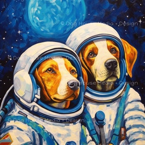 Decoración de pared Beagle, arte Beagle, impresión de perro sabueso, cartel de perros en el espacio exterior, decoración de habitación de niño adolescente, decoración de astronauta, impresión de perro astronauta azul