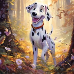 Decoración de pared dálmata, arte inspirado en la naturaleza, impresión de perro blanco como la nieve, obras de arte divertidas para perros, arte del bosque encantado, arte animal caprichoso, arte peculiar