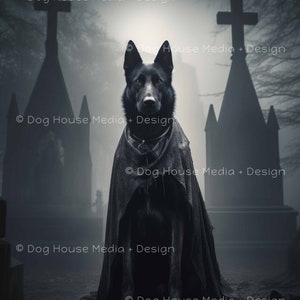 German Shepherd Decor, Graveyard Art, German Shepherd Lover Art Prints, Creepy Art Print, Spooky Art Print, Dog Artwork, Black and White