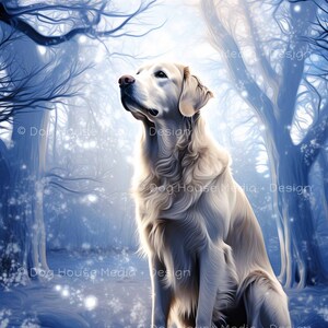 Decoración de la pared del Golden Retriever, arte del bosque encantado, perro fresco, arte del bosque brumoso azul, arte de la pared funky, arte del perro arte inspirado en la naturaleza, fantasía