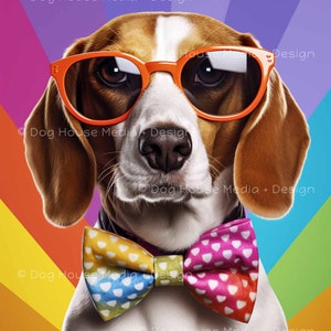 Beagle Wall Decor, Beagle Art, Happy Beagle Print, Hound Dog Poster, LGBTQ Pride Decor, Dog with Sunglasses Rainbow Print