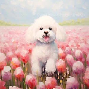 Bichon Frise Wall Decor, Dog Lover Art, Flower Lover Print, Cute Dog Poster, Cheerful Room Decor, Happy Wall Art, Dog Nature Print, Dog Mom