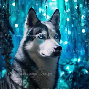 Decoración de la pared del husky siberiano, arte del bosque encantado, perro fresco, arte del bosque brumoso azul, arte de la pared funky, arte del perro arte inspirado en la naturaleza, fantasía