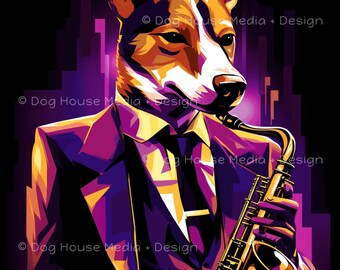 Basenji Dog Jazz Art Print: Saxophone Player (Digital Download)