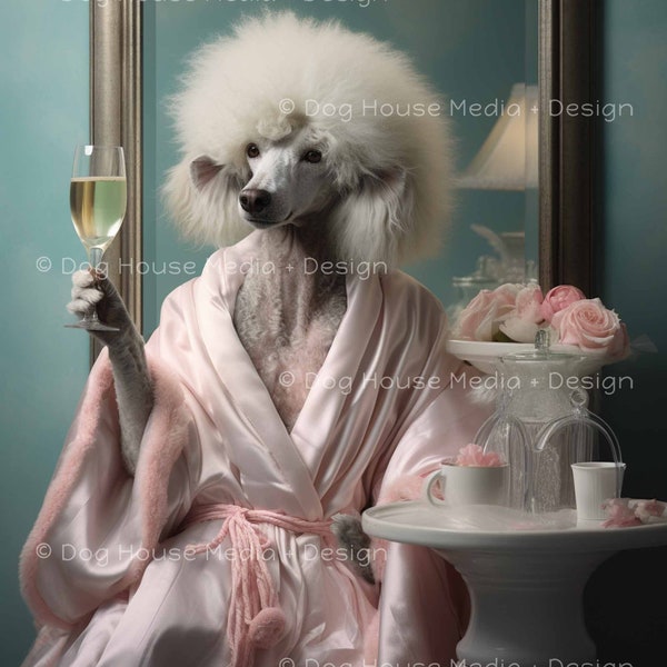 Poodle Wall Decor, Elegant Wall Art, Sophisticated Art Print, Girl Wall Poster, Dog in Robe with Glass of Wine, Poodle Lover Dog Print