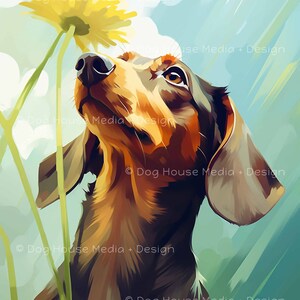 Decoración de pared Dachshund, arte amante de los perros, impresión amante de las flores, impresión colorida del perro, decoración alegre de la habitación, arte de la pared feliz imprimible perro naturaleza impresión