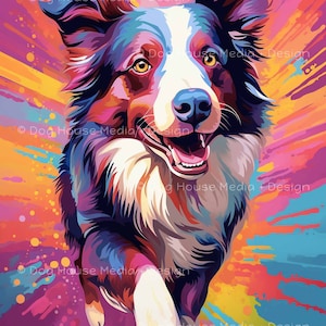 May include: A colourful, abstract painting of a border collie dog with a white and black coat. The dog is running towards the viewer with its mouth open and tongue out. The background is a vibrant mix of pink, orange, yellow, and blue.
