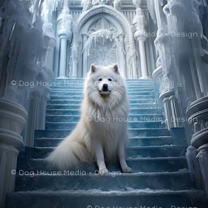 Decoración de pared samoyedo, perro fresco, arte de pared azul, castillo congelado, arte de pared funky, arte de perro arte inspirado en la naturaleza, arte de fantasía, arte de pared samoyedo