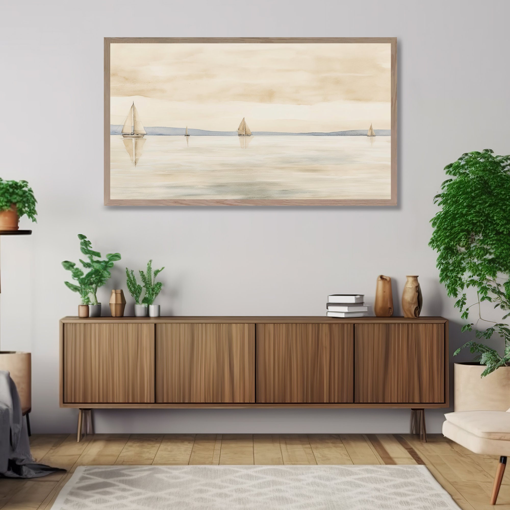 Samsung Frame Art TV Frame, Minimal Landscape, Muted Tones, Coastal