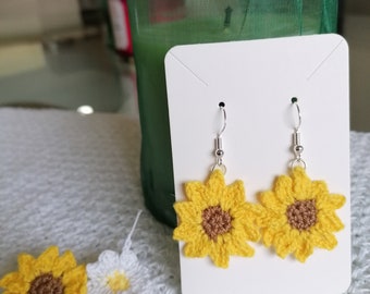 Sunflower crochet earring with silver hook/crocheting/woven earring/sunflower/gift for her/crochet sunflowers earring