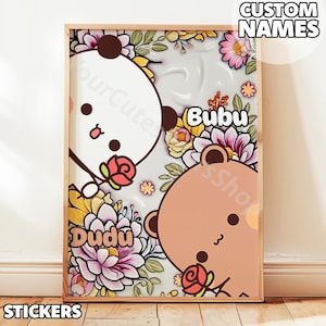 Personalized Bubu and Dudu Poster – Cute Kawaii Panda & Bear Wall Art – Floral Print – Gift for Her, Couples Room Decor, Custom Names