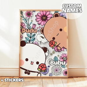 Personalized Bubu and Dudu Poster – Cute Kawaii Panda & Bear Wall Art – Floral Print – Gift for Her, Couples Room Decor, Custom Names