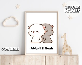 Personalisiertes Geschenk für Sie / Ihn - Bubu und Dudu, Pfirsich und Goma, Milch und Mokka, Poster Geschenk, Bären Poster Kunst, Kinderzimmer Dekor, Jubiläum Kunst