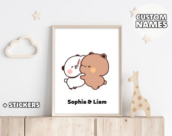 Couple Personalized Gift - Peach and Goma / Milk and Mocha / Bubu and Dudu, Poster Set, Poster Gift Art, Wall Art, Nursery Decor, Couple