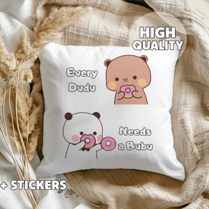 Grappige Dudu & Bubu-kussen - Elke Dudu heeft een Bubu nodig, panda en beer, koppelkussen, cadeau voor haar, cadeau voor hem, koppelcadeau, jubileumcadeau