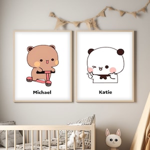 Funny Mocha and Milk Bears Posters Poster Art, Cute Bears, Dudu and Bubu Poster, Peach and Goma, Nursery Wall Art, Kids Wall decor, Couple image 1