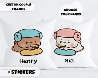 Juego de 2 almohadas Dudu Bubu: regalo personalizado a juego, regalo para ella o para él, idea de regalo para pareja, nombre personalizado, decoración de aniversario con oso panda.